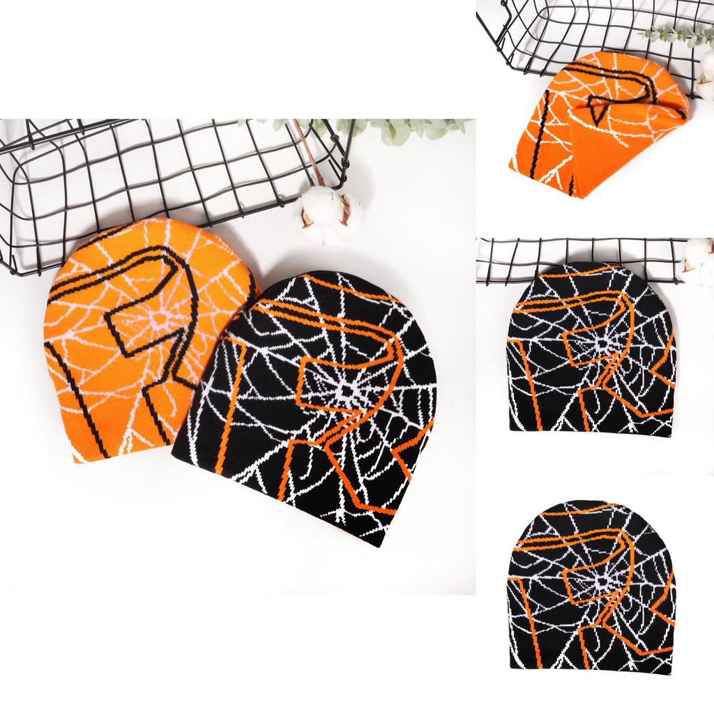 Trendy Gothic Knit Beanie With Spider Web Motif For Casual And Hiphop Looks