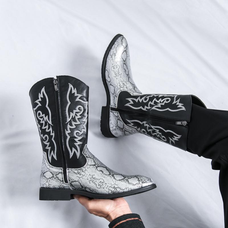 Knight pointed leather boots Fashionable embroidery styles Outdoor street walking motorcycle Daily Trendy Party Adult shoes