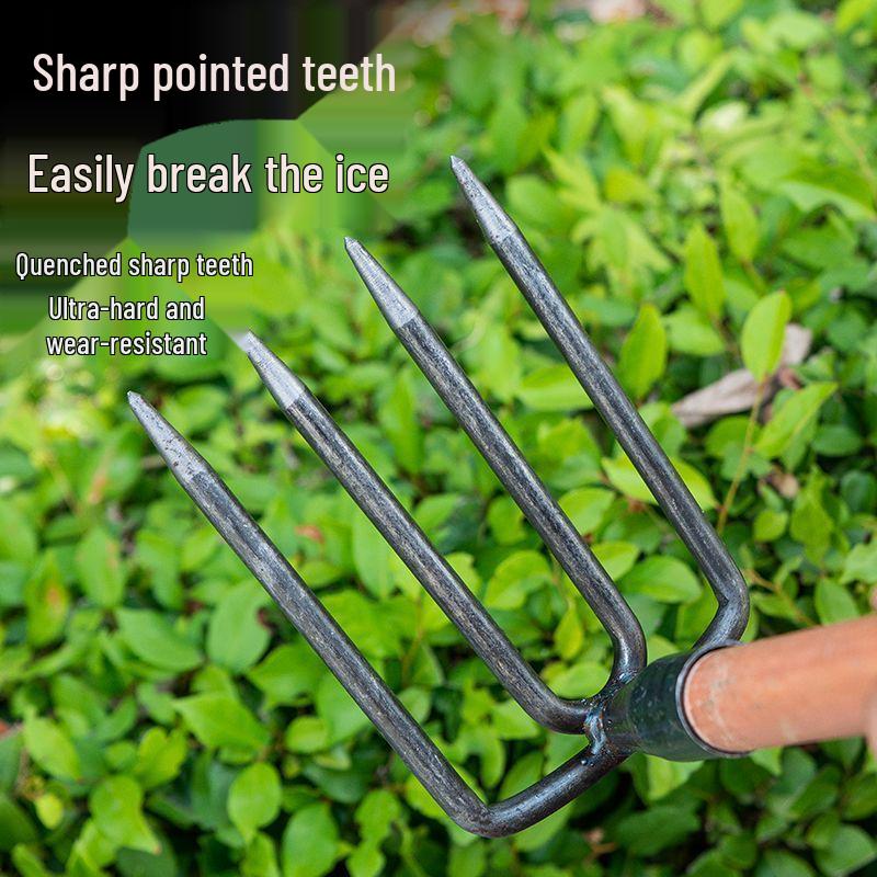 Heavy-Duty Iron Garden Rake: Three or Four Teeth for Soil Turning and Loosening In Vegetable Planting and Land Reclamation.