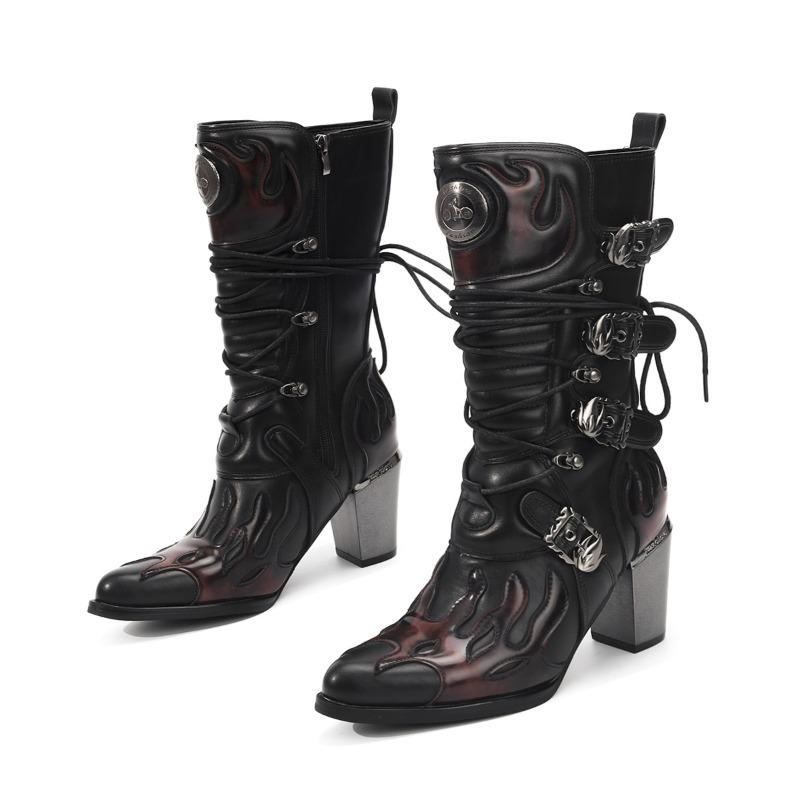 Women's High Heels Boots Fashion Retro Thick Heel Western Denim Women Boots Cool Rivet Pointed Tip Knight Boots Botas Para Mujer