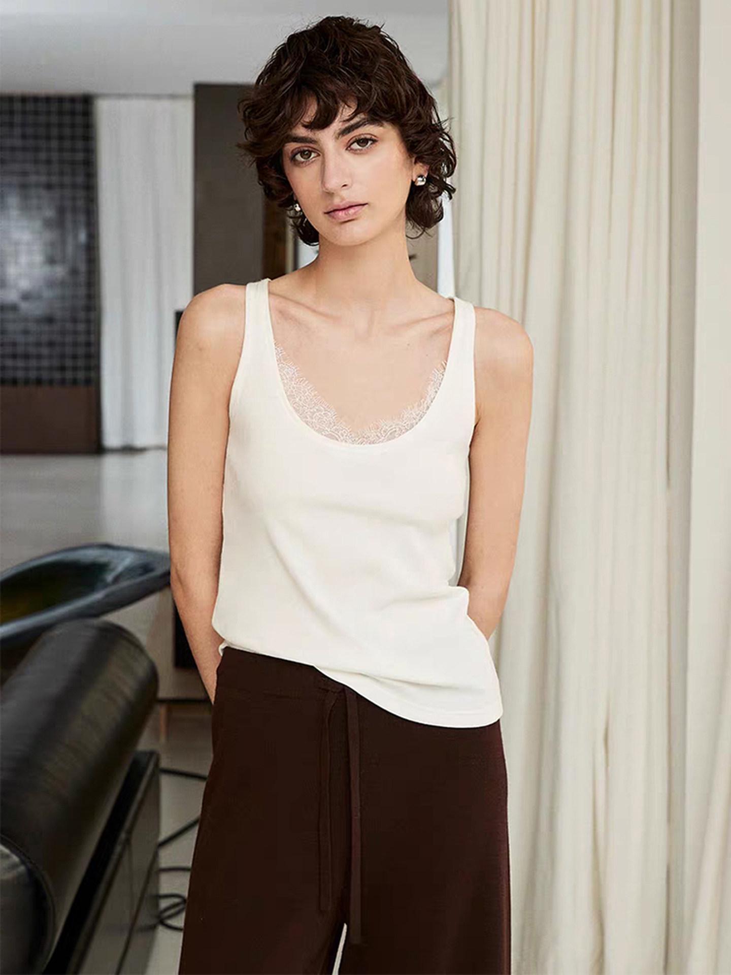 

JOMI | Soft Cotton Silk Wool Lace-Trimmed U-neck Camisole One Size белый