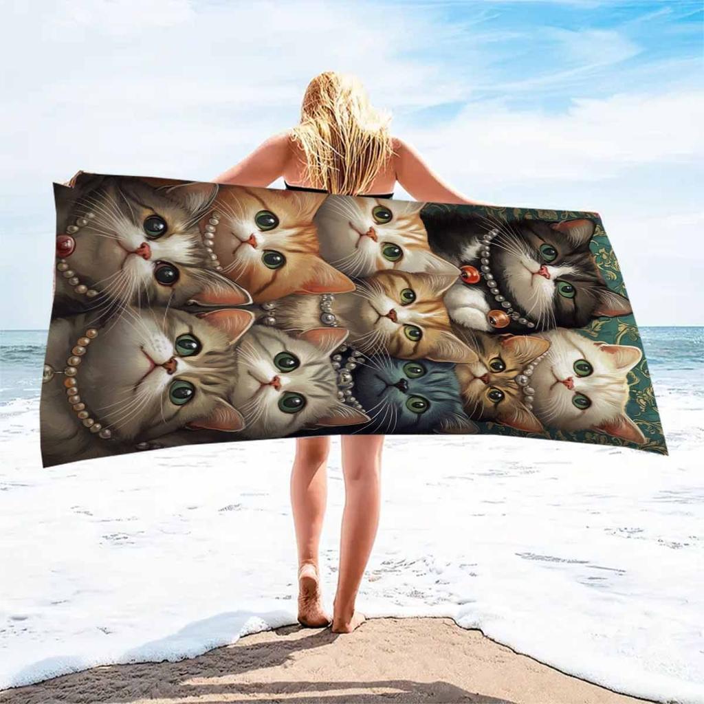 Adorable Cats with Pearls Print Bath Towel - Perfect for Summer Vibes and Pool Days, Ultra Soft and Absorbent
