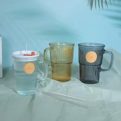 Glasmugg i japansk stil med handtag och sugrör, Instagram-stil hög estetisk mugg, Hushållsmjölkskaffekopp