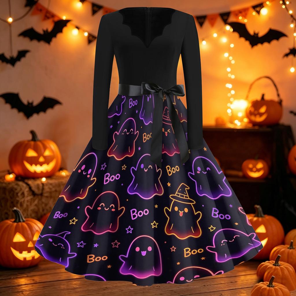 Women's Casual Halloween Print V Neck Vintage Dress Long Sleeve Retro Style Midi Dress with Waist Tie for Seasonal Wear