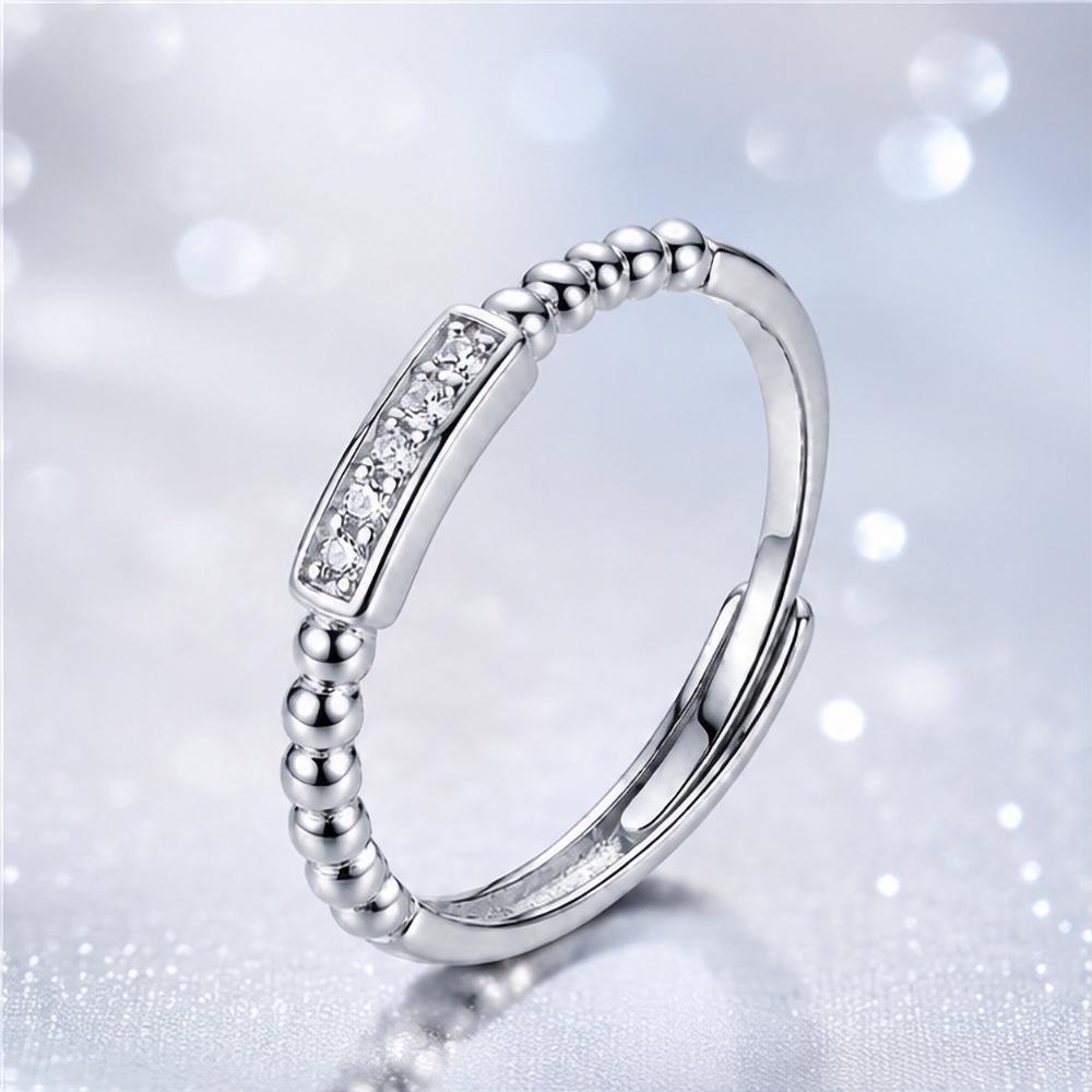 Elegant S925 Sterling Silver Minimalist Adjustable Ring with Diamonds and Round Beads - Women's Light Luxury Accessory.