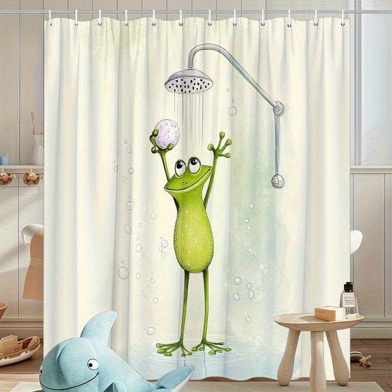 Süßer Frosch beim Duschen Duschvorhang Wasserdicht Leicht zu Reinigen Sichtschutz Druck Cartoon Tier Design Spaß Kinder 12 Haken