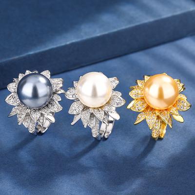 Jewelry Copper Platinum Plated With Simulation Pearl Flower Diamond Women'S Ring 14Mm