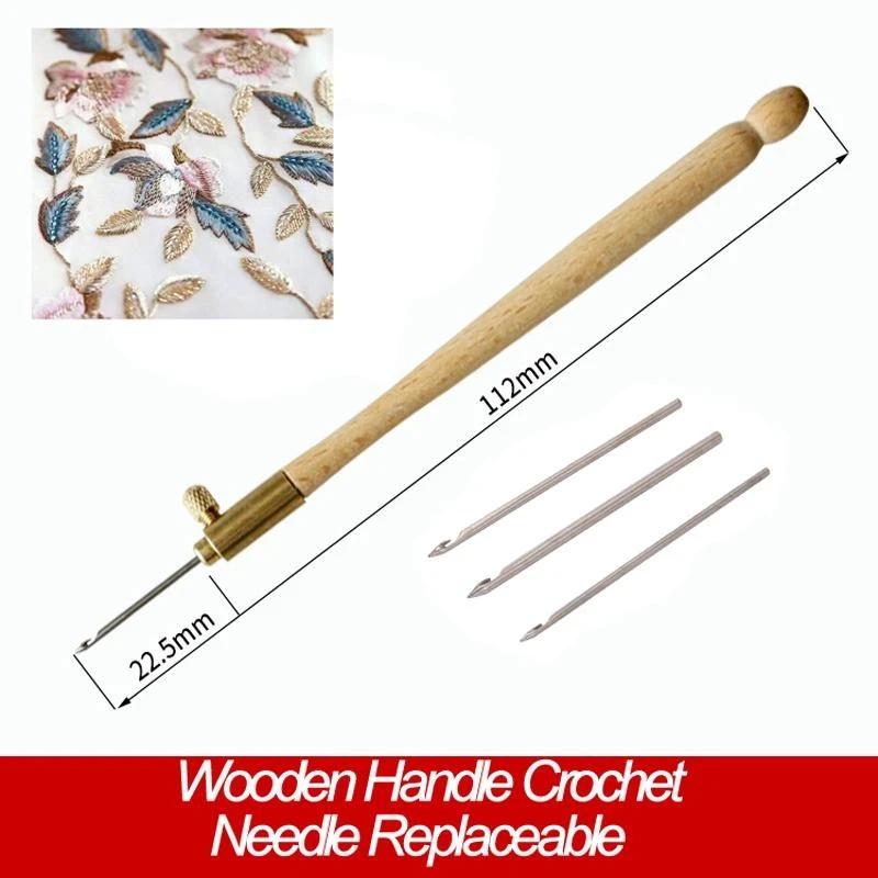 2 Sets Wooden Handle Tambour Crochet Hook with 3 Needles Crochet Embroidery Beading Hoop Sewing Tool Set