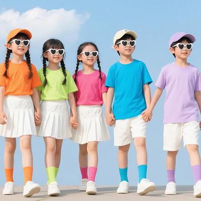 Colorful Children's Short Sleeve T-shirt Set for Kindergarten Sports and June 1st Performances.