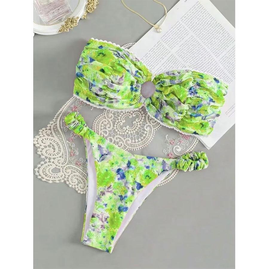 

Новое европейское и американское цветочное бикини без бретелек: Сексуальные, свежие купальники для отпуска Large зелёный