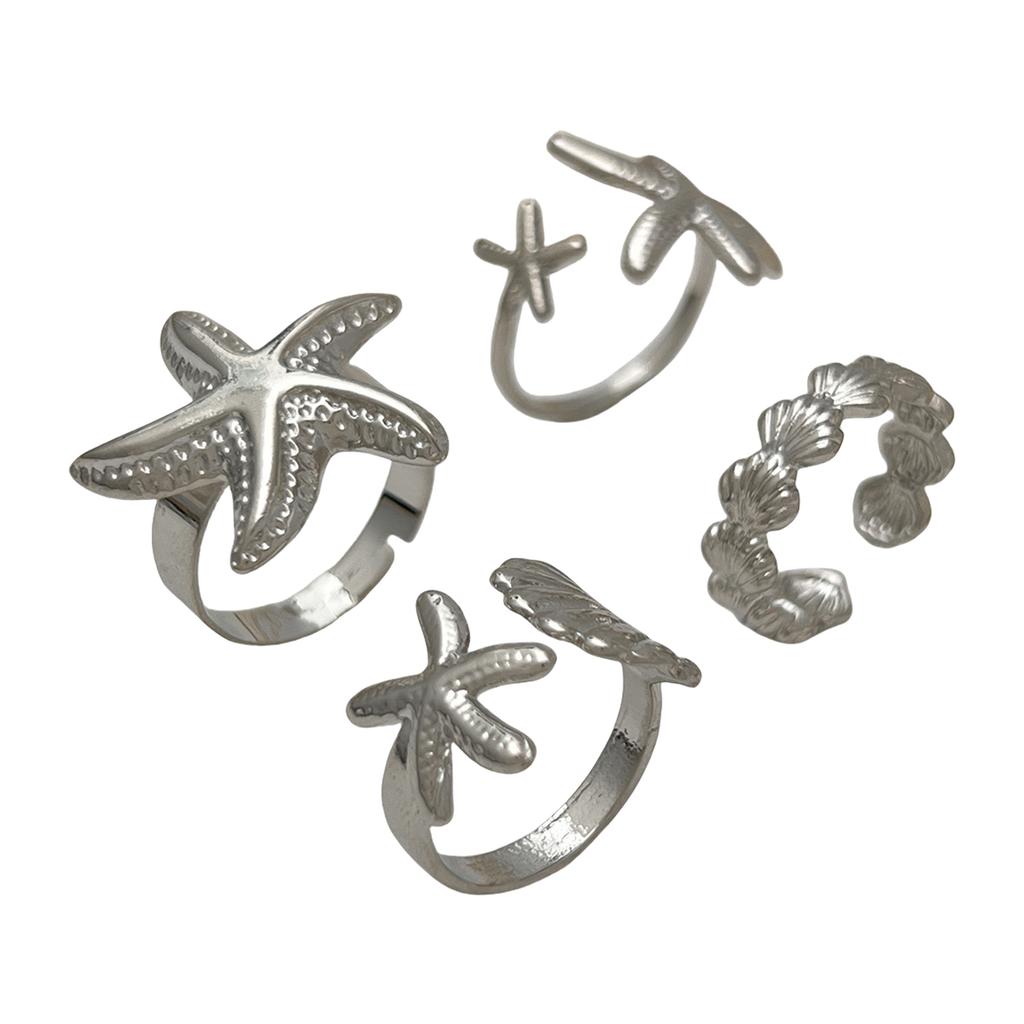 4Piece Coastal Chic Starfish Open Rings Set Adjustable Beach Jewelry for Women Gold & Silver Trendy Summer Accessories
