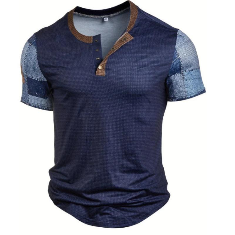 European and American semi-cardigan, casual short-sleeved digital printing slim-fit pullover Henry T-shirt top men's clothing