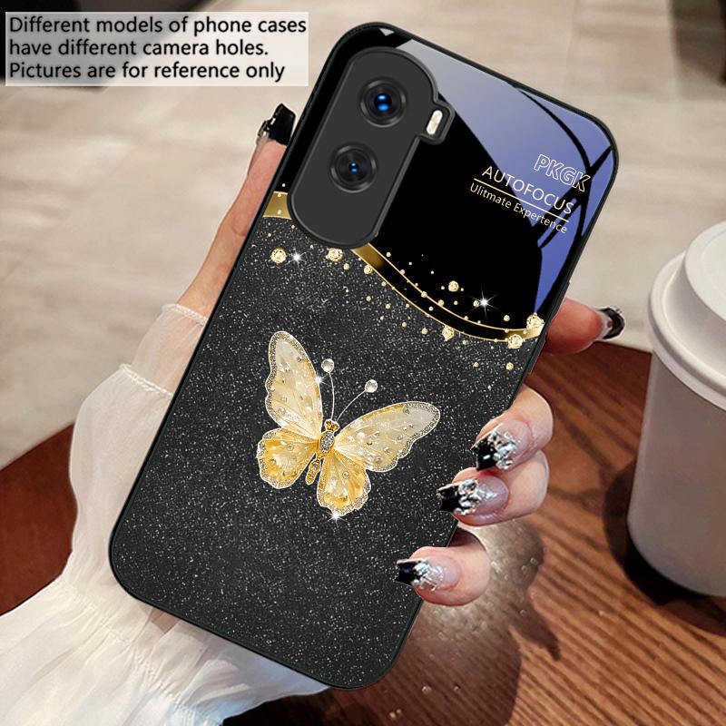 Gradient Diamond Butterfly For Honor 200 90 8X 9X Pro Lite P50 P40 Nova 10 11i P60 Magic4 6 Mate 20 50 Tempered Glass Phone Case