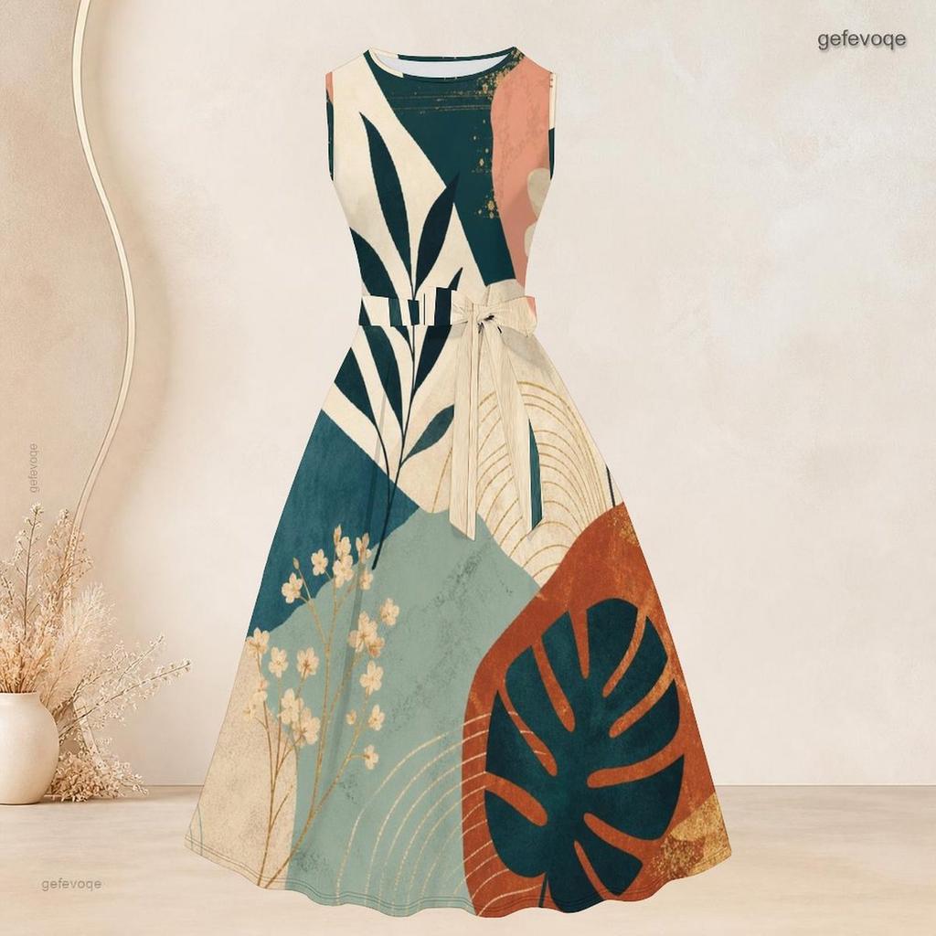 Women Plus Size Two Piece Outfit 3 4 Sleeve Open Front Cardigan Sleeveless Crew Neck Printed Tie Waist Flared Dress