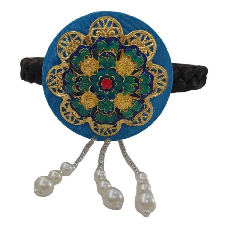 Blue Glaze Pearls Korean Hair Hoop Traditional Headband for Stage Shows and Ethnic Festivals Handmade Hair Accessories