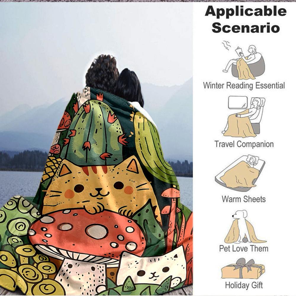 1pc Cactus Mushroom Cat Pattern Blanket, Lightweight Flannel Throw Blanket for Sofa, Bed, Travel, Camping, Living Room, Office, Couch025