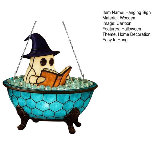Halloween Reading Ghost Hanging Sign Wooden Bathing Cartoon Ghost Round Sign Indoor Outdoor Porch Door Hanger Wall Hanging Decoration