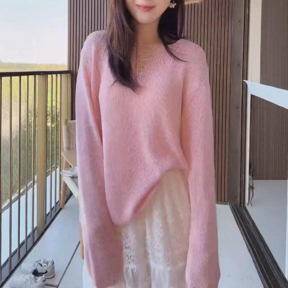 

Простой и нежный трикотажный свитер с V-образным вырезом, женская тонкая блузка с длинным рукавом для защиты от солнца, ленивый свободный топ для женщин Average size 54-205 розовый