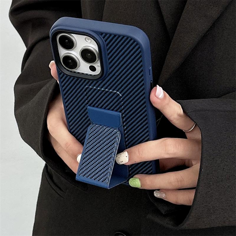 Carbon Fiber Pattern With Folding Push-pull Bracket Phone Case For iPhone 16 Plus 15 14 13 Pro Max Luxury Shockproof Cover