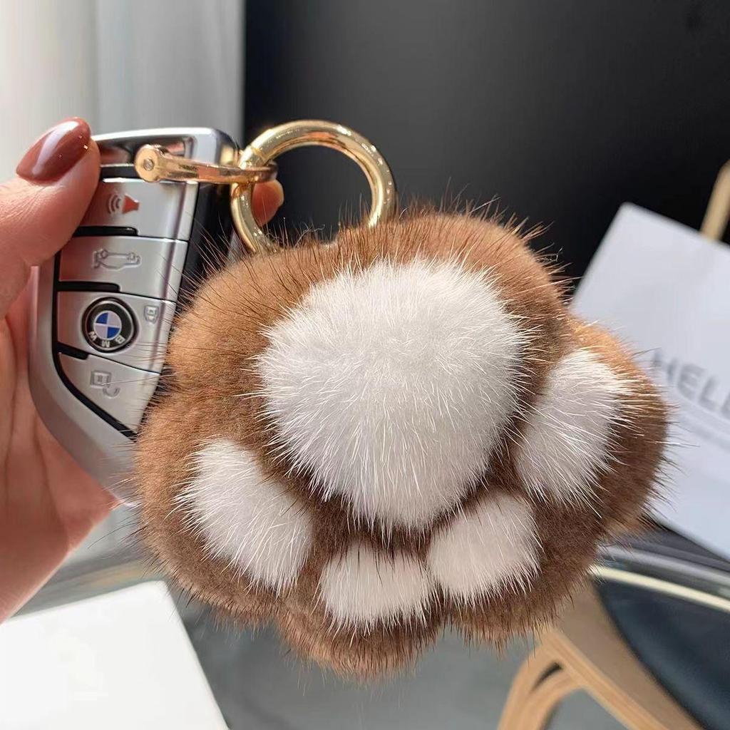 Cartoon Rabbit Fur Cat Paw Keychain Plush Ball Backpack Ornament
