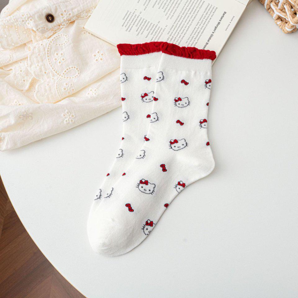 Wood Ear Lace Bubble Mouth Kitten Mid-Calf Socks - Women's Cute College-Style Striped Socks