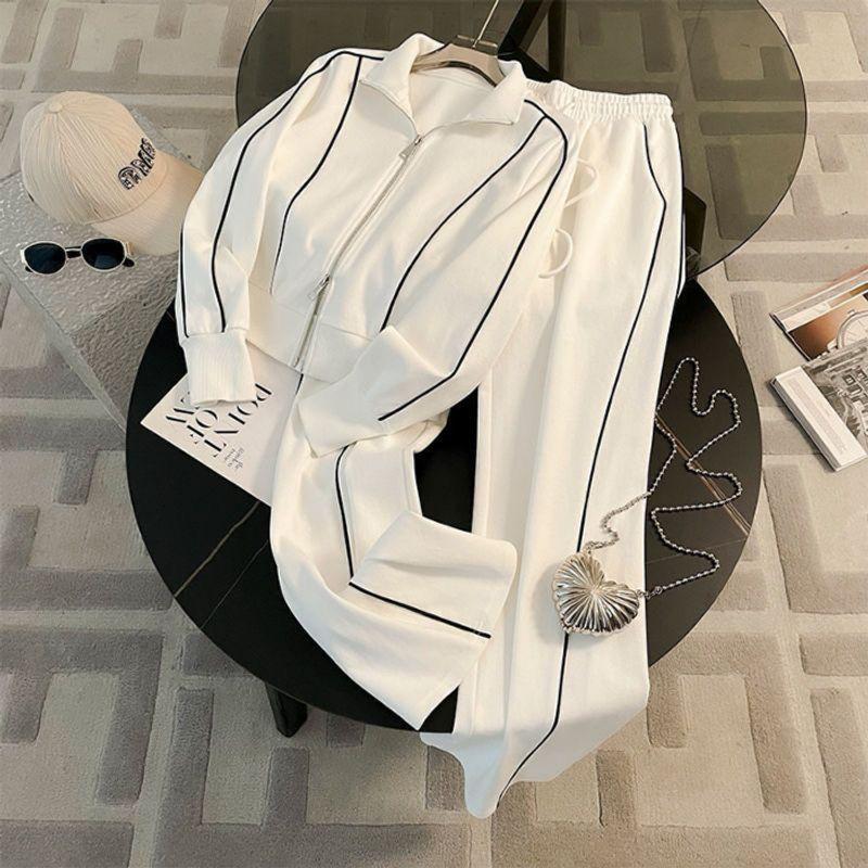 

Fried Street Casual Sports Suit Women s Spring and Autumn Fashion Western Style Youthful-Looking Cardigan Zipper Sweatshirt Loose Pants Two-piece Set White L