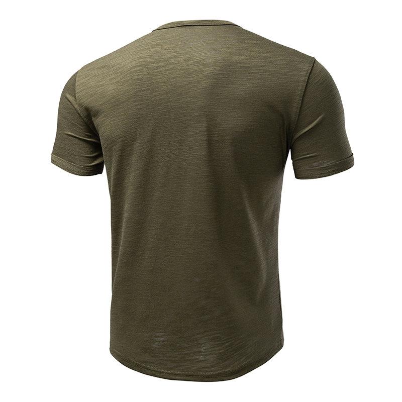 Men's Summer Hip Hop Streetwear Solid Color T-Shirts Bamboo-Handled Henry Collar Casual Button Short Sleeve Top Tees