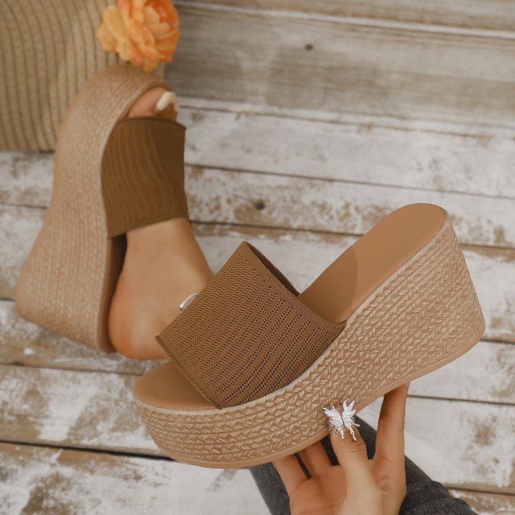 2025 summer new large size solid color wedge heel one-word slippers women wear thick-soled knitted mesh wedge heel cool slippers