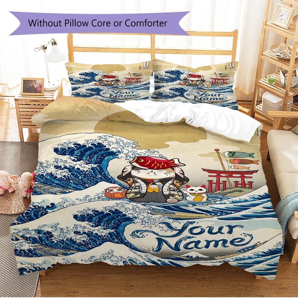 Name Custom Maneki-Neko Pattern Bedding Set Quilt Cover Pillowcase Home Decor Gift (1 * duvet cover + 2 * pillowcase, without core)