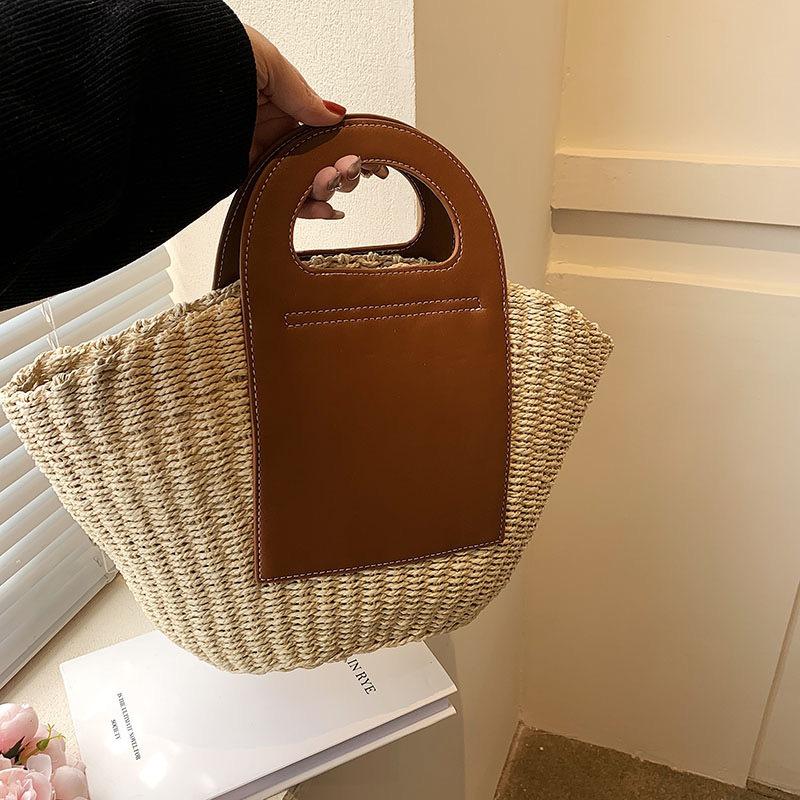 New Block Straw Bag Large Capacity Hand-woven Bag Vegetable Basket Handbag Casual Women's Bag Vacation Beach Bag