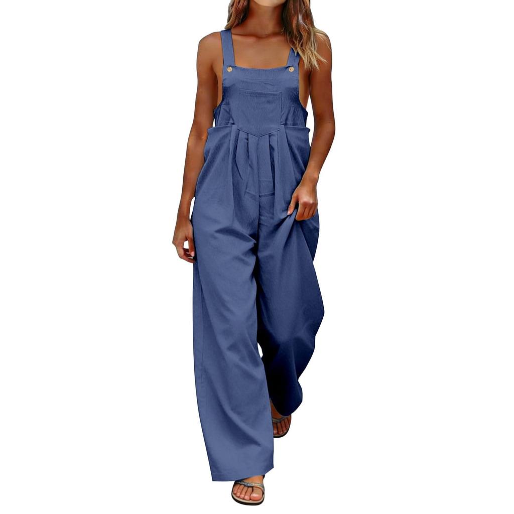 Women's Fashionable Color Sleeveless Casual Wide Leg Loose Jumpsuit With Pocket