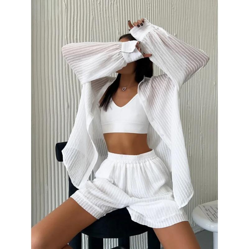 

Женский летний пижамный комплект, полупрозрачный, с длинным рукавом, женская пижама, 2 шт. с шортами, однобортная, тонкая, свободная, женская L белый