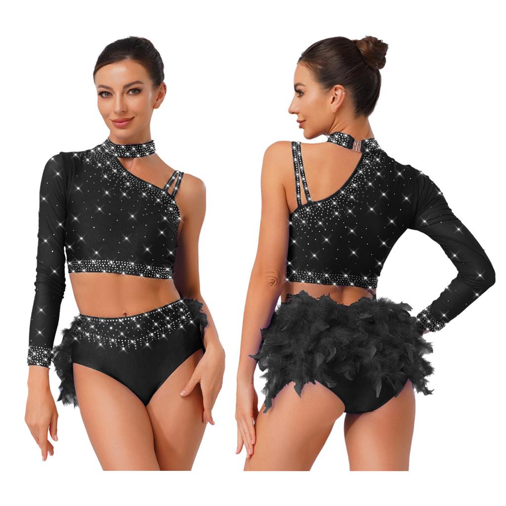2-Piece Latin Dancewear Set for Womens - Sparkly Rhinestone One Shoulder Crop Top and Feather Back Briefs for Chacha Tango Belly Dance