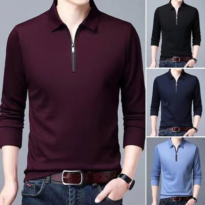 Men Solid Color Business Shirt Lapel Zipper Neckline Long Sleeve Pullover Tops Spring Autumn Slim Fit Work T-shirt