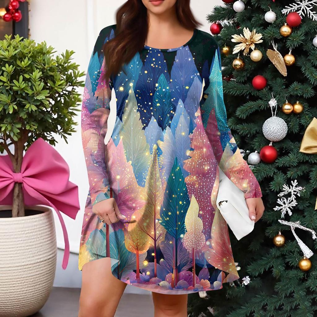 Plus Size Women's Gradient Print Casual Spring/Autumn Pocket Round Neck Long Sleeve Dress