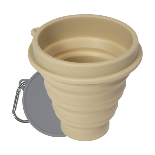 Pine Field Collapsible Silicone Cup with Lid and Carabiner, Sand Beige