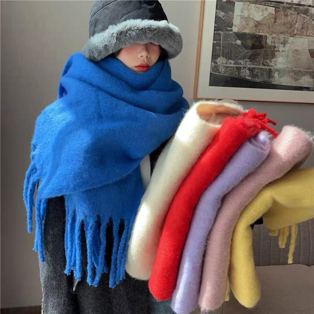 Autumn and Winter New Mohair Soft and Fluffy Solid Color Scarf for Women's Winter Versatile Imitation Cashmere Thick Warm Shawl