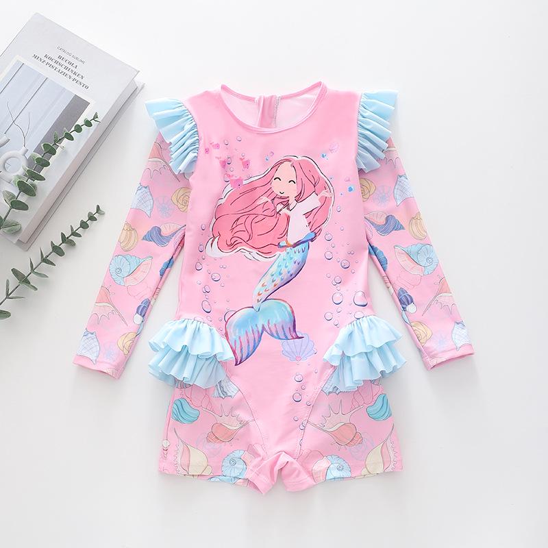 Costume da bagno intero a maniche lunghe con volant per bambina, con slip, certificato CPC per bambini