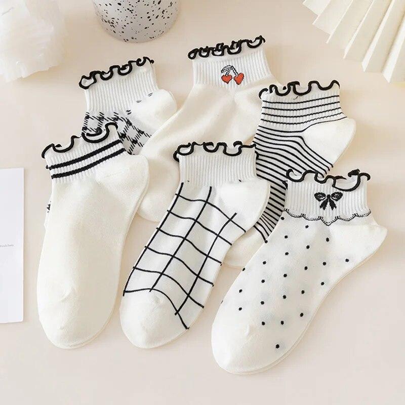 5 Paar Damen Socken Frühling Snd Sommer Dünn Ins Mode Lässig Niedlich Japanische Bootssocken Studenten Spitze Damen Socken