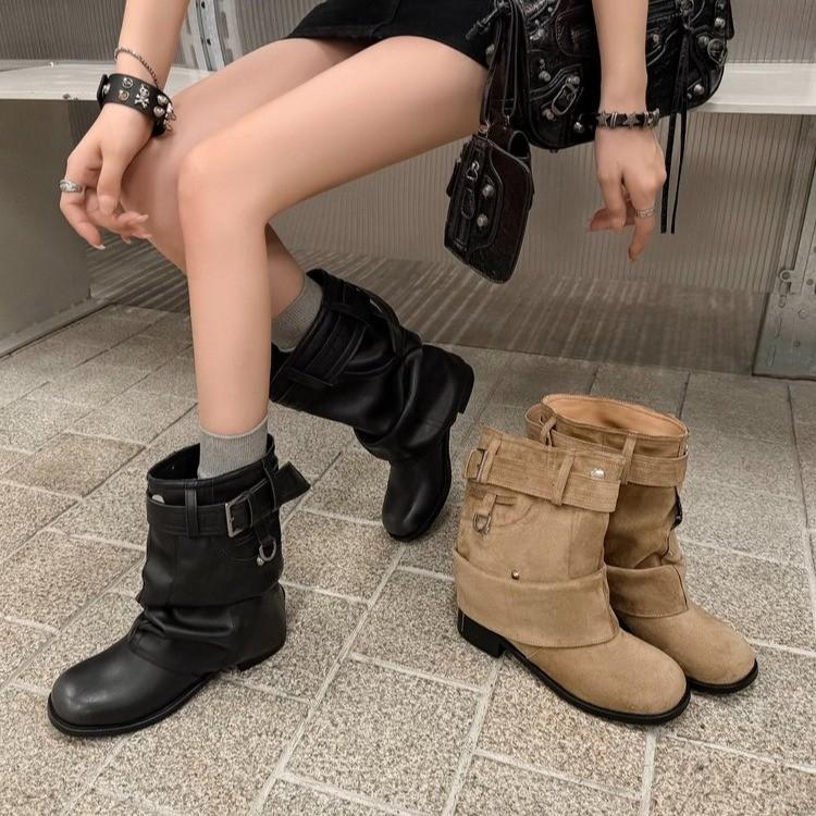 Fashion Women Western  Booties Fashion Slip on Mid Calf Booties Retro Style Thick Heel Autumn Female Shoes
