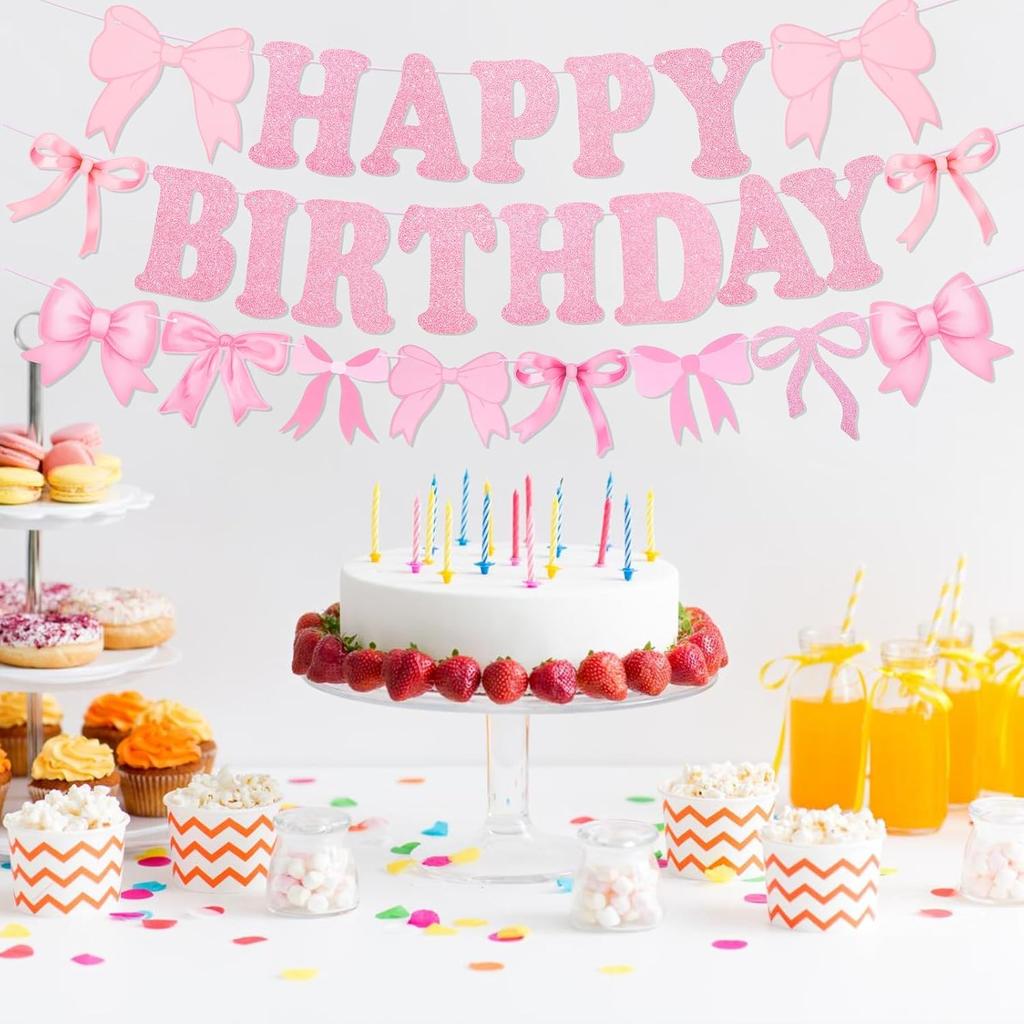 Pink Happy Birthday Banner, Bow Themed Party Decorations Hanging Set Pink Bowes Banner for Women Party Decorations