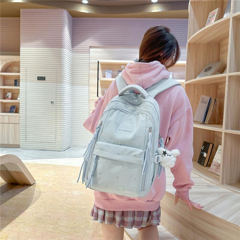Cute Nylon Backpack for Women & Teens – Lightweight School Bag with Star Print and Decorative Tassels, Perfect for Daily Use