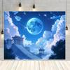 2D Mystical East Asian Background Cloth, Magical Blue Moon Over Ancient Pavilion Wall Decor