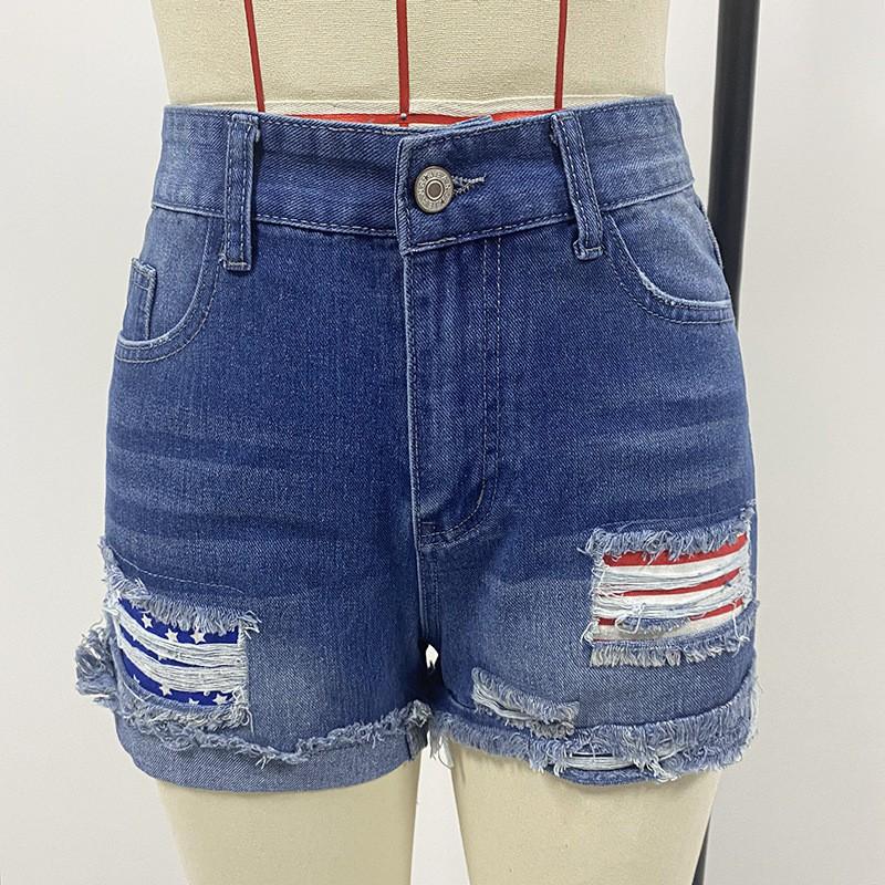 Womens Distressed Washed Denim Shorts With American Flag Patch Appliqu Relaxed Fit Straight Cut Mid-Rise Casual Jean