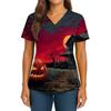 Women's Halloween Printed V-Neck Double Pocket Short Sleeves Hem Slit Uniform Caregiver Top