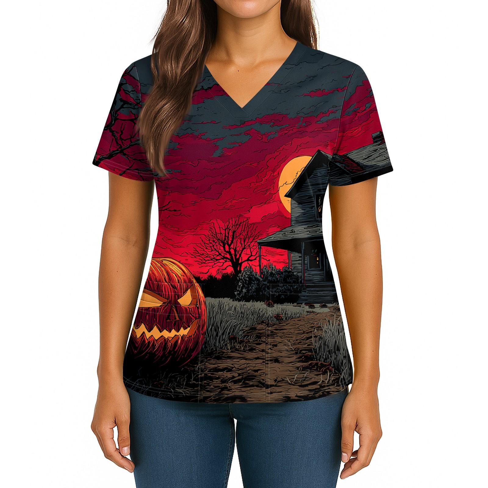 

Women s Halloween Printed V-Neck Double Pocket Short Sleeves Hem Slit Uniform Caregiver Top XXXXXL червоний