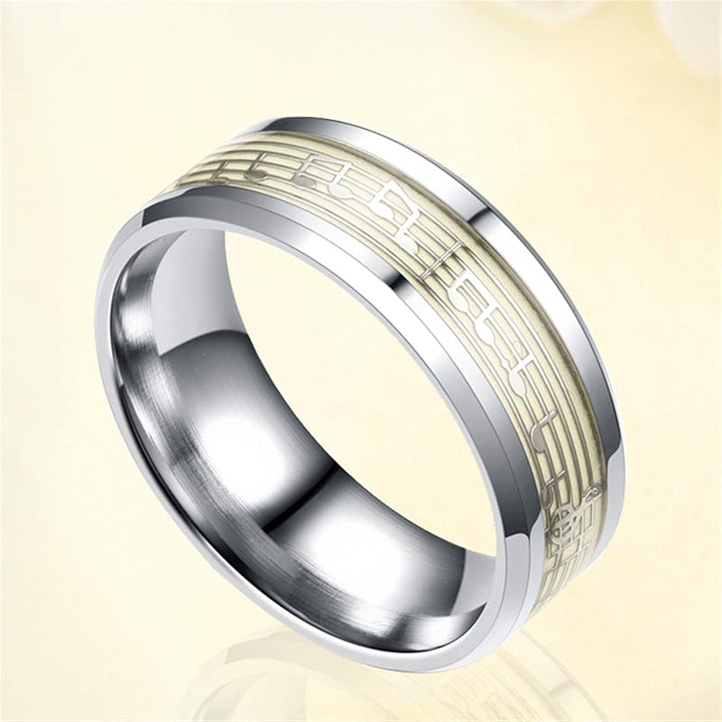 Oakky Men's 8mm Stainless Steel Piano Staff Wedding Luminous Ring Personalized Couple Musical Note Band Shines In Dark Silver Size 17