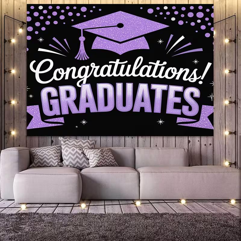 2D Congratulations Graduates Backdrop Purple Glitter Cap Confetti Graduation Photo Banner