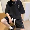 2 Pcs/Set Men Summer Tracksuit Cartoon Bear Korean Style Half Sleeves Sports Drawstring Casual Top Shorts Suit Male Clothes