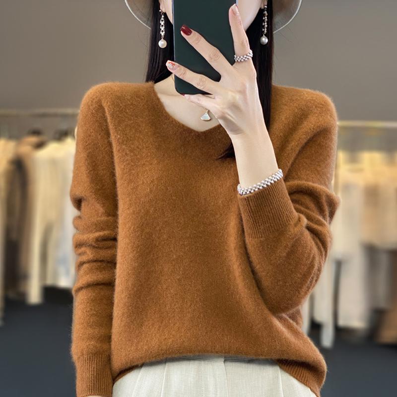 Dámský svetr 100% vlna MODERNÍ NOVINKA SAGA úpletový svetr s výstřihem do V Tenké jarní podzimní svetry Dámské pletené topy